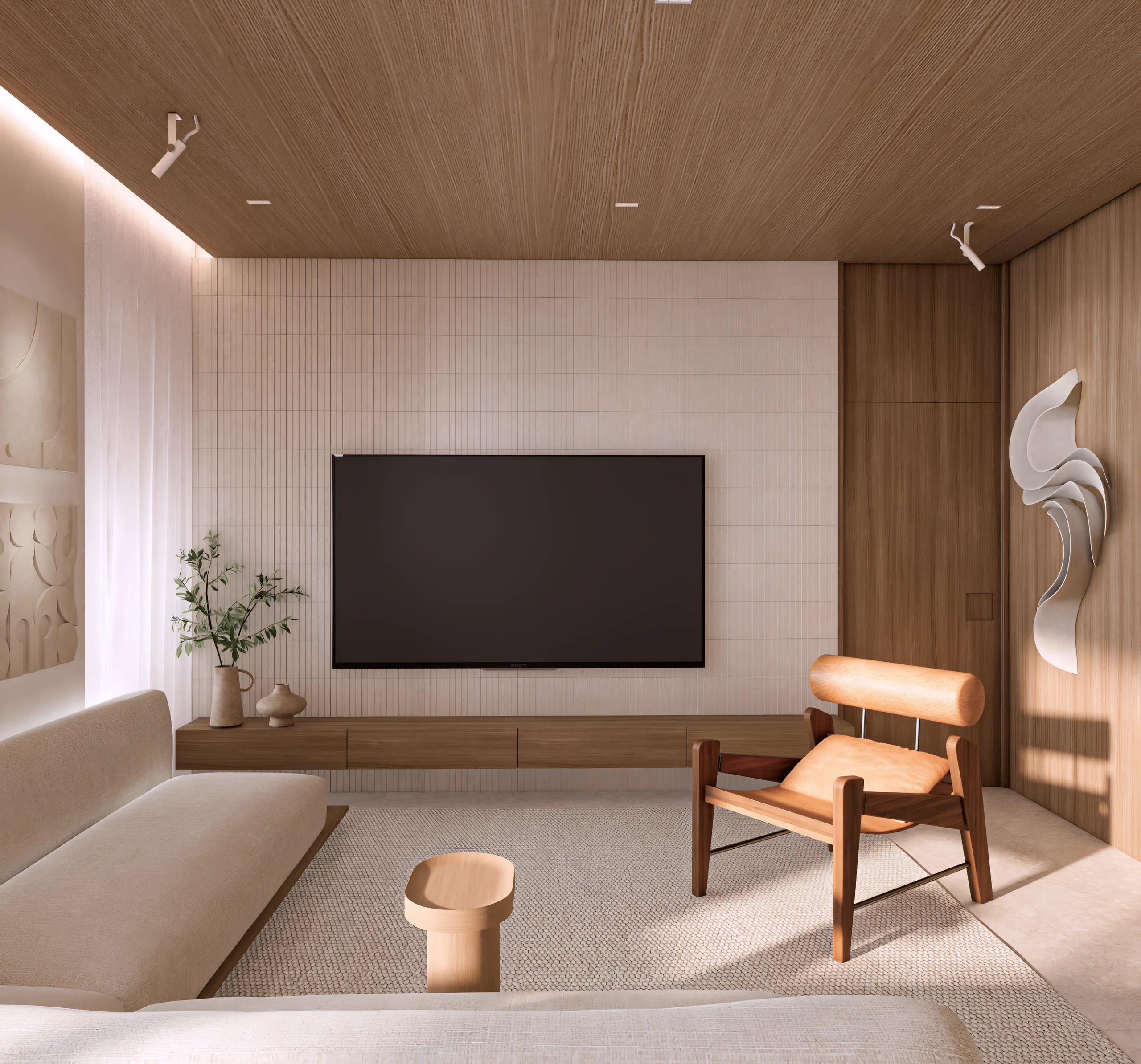 Estar com painel de TV de um apartamento do Vista São Lourenço