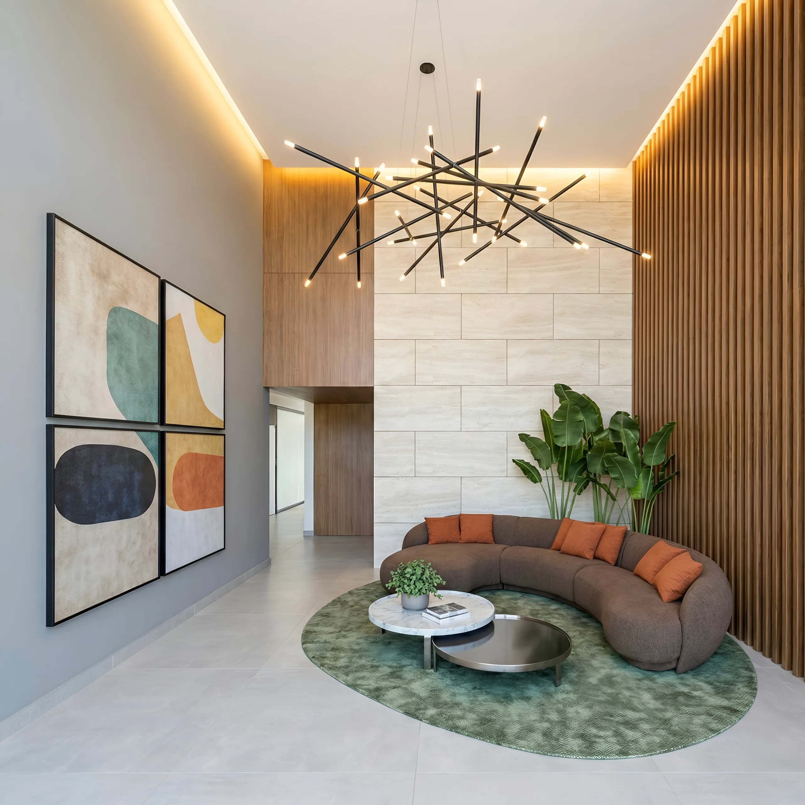 Lobby decorado do Vista São Lourenço, com design de interiores de Jayme Bernardo e Glei Tomazi