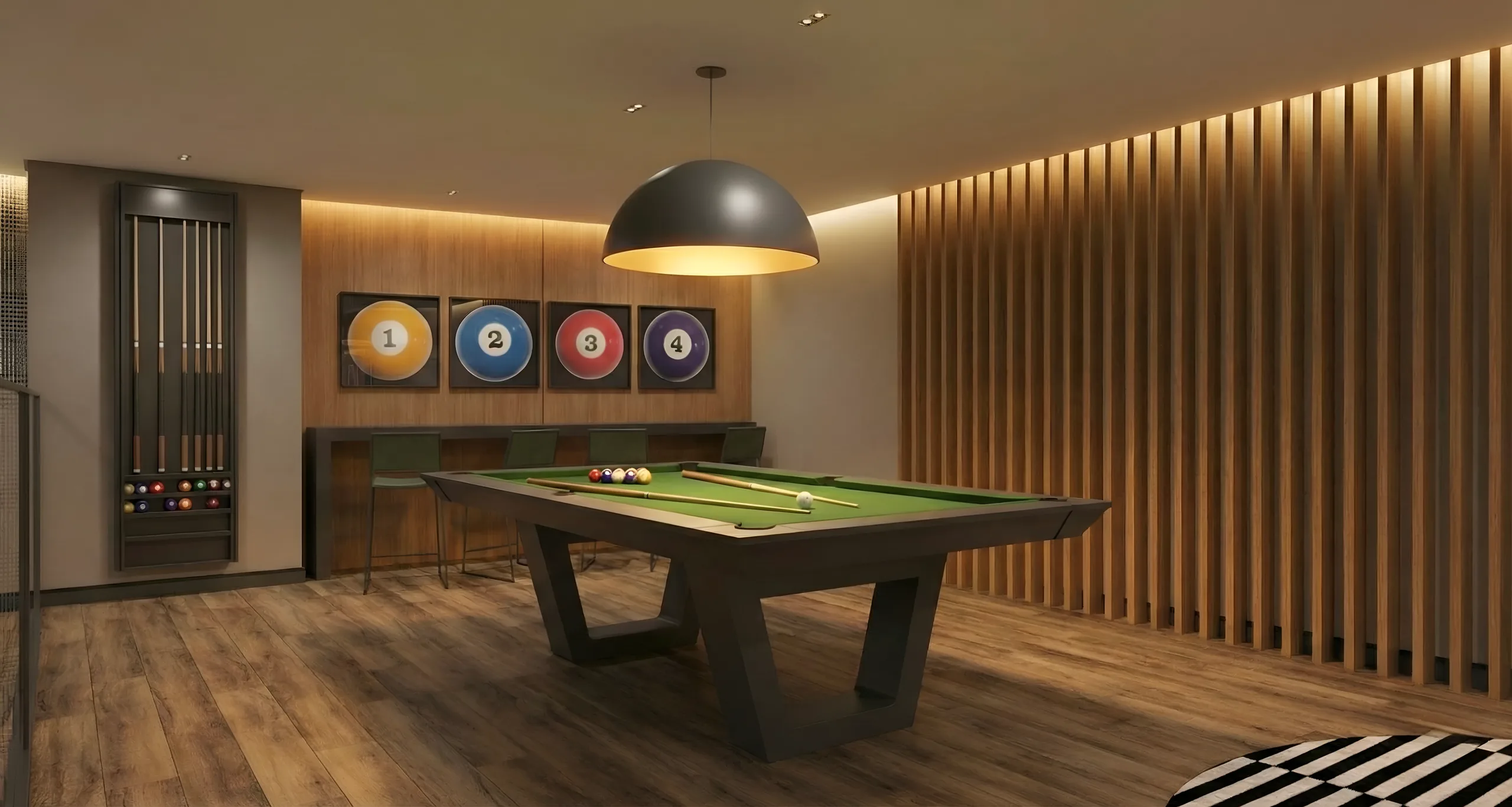 Sala de jogos do Vista São Lourenço, com mesa de sinuca