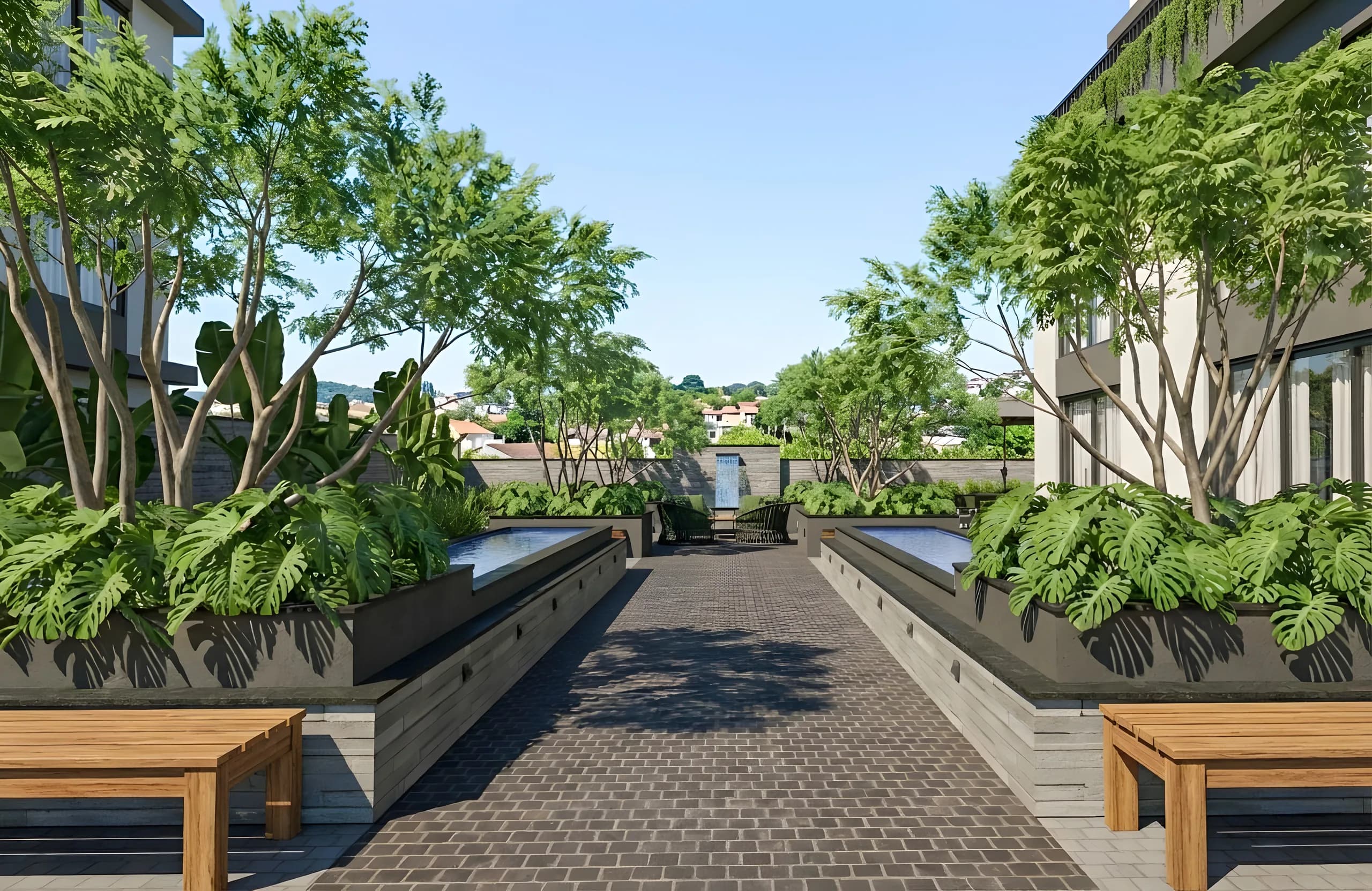 Passeio externo entre os jardins do Vista São Lourenço
