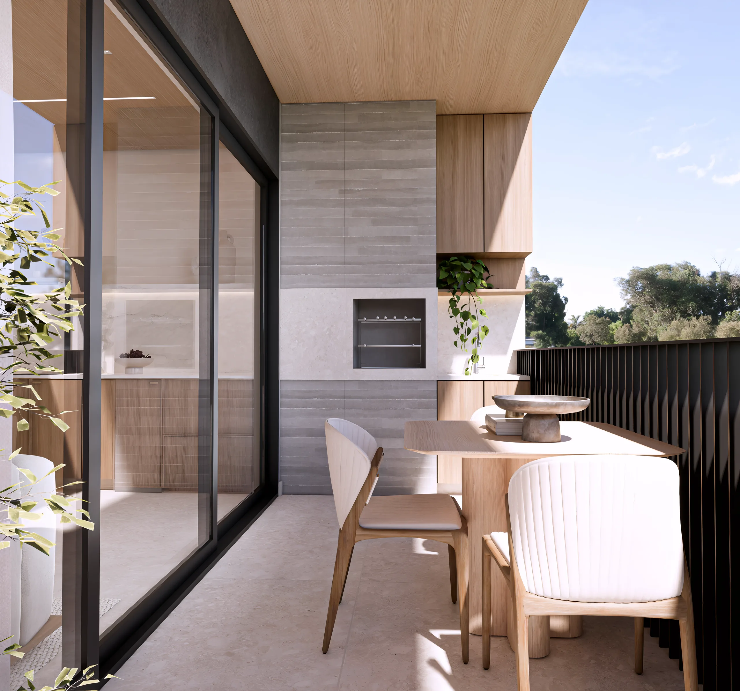 Terraço com churrasqueira de um apartamento do Vista São Lourenço