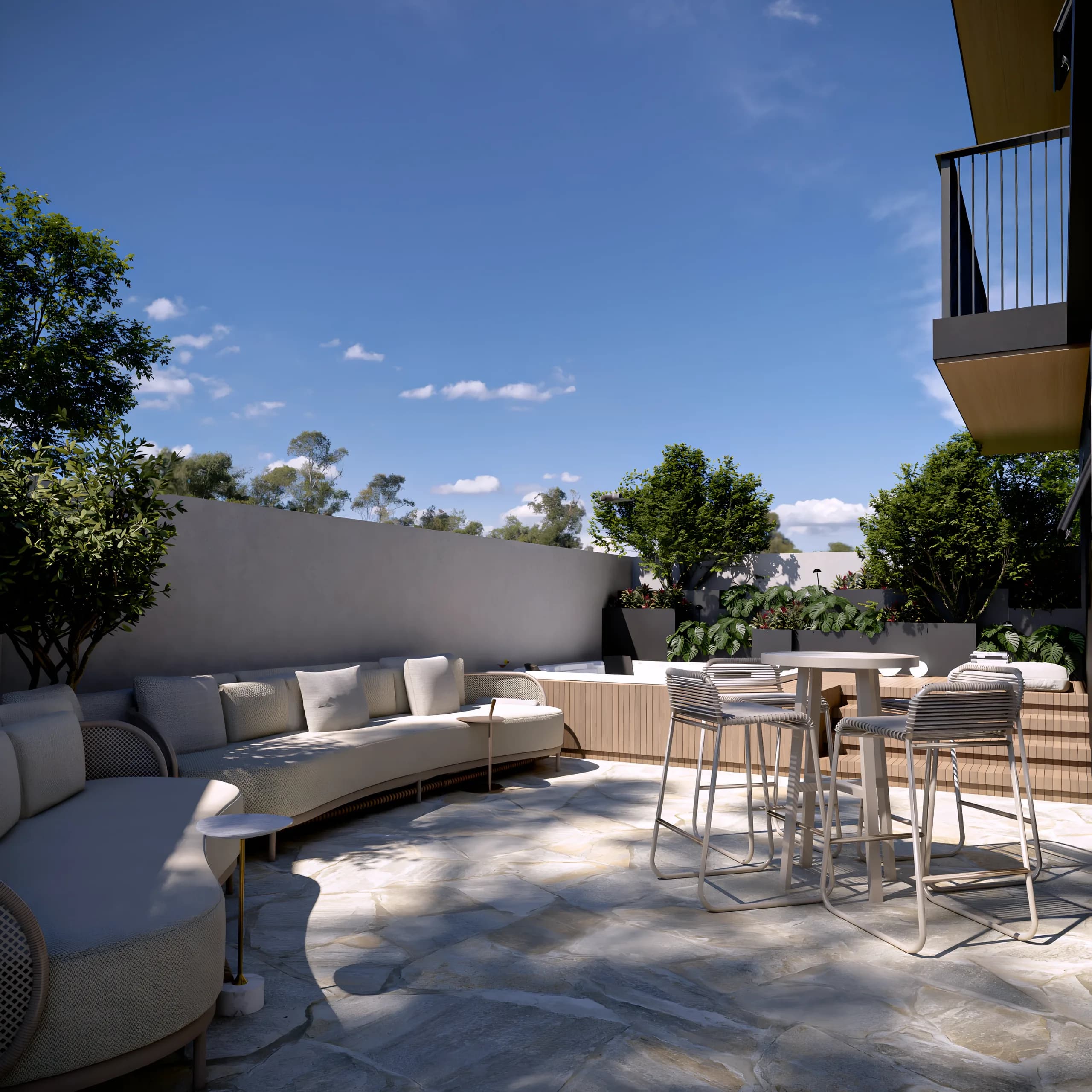 Terraço com lounge e jardim de um garden do Vista São Lourenço