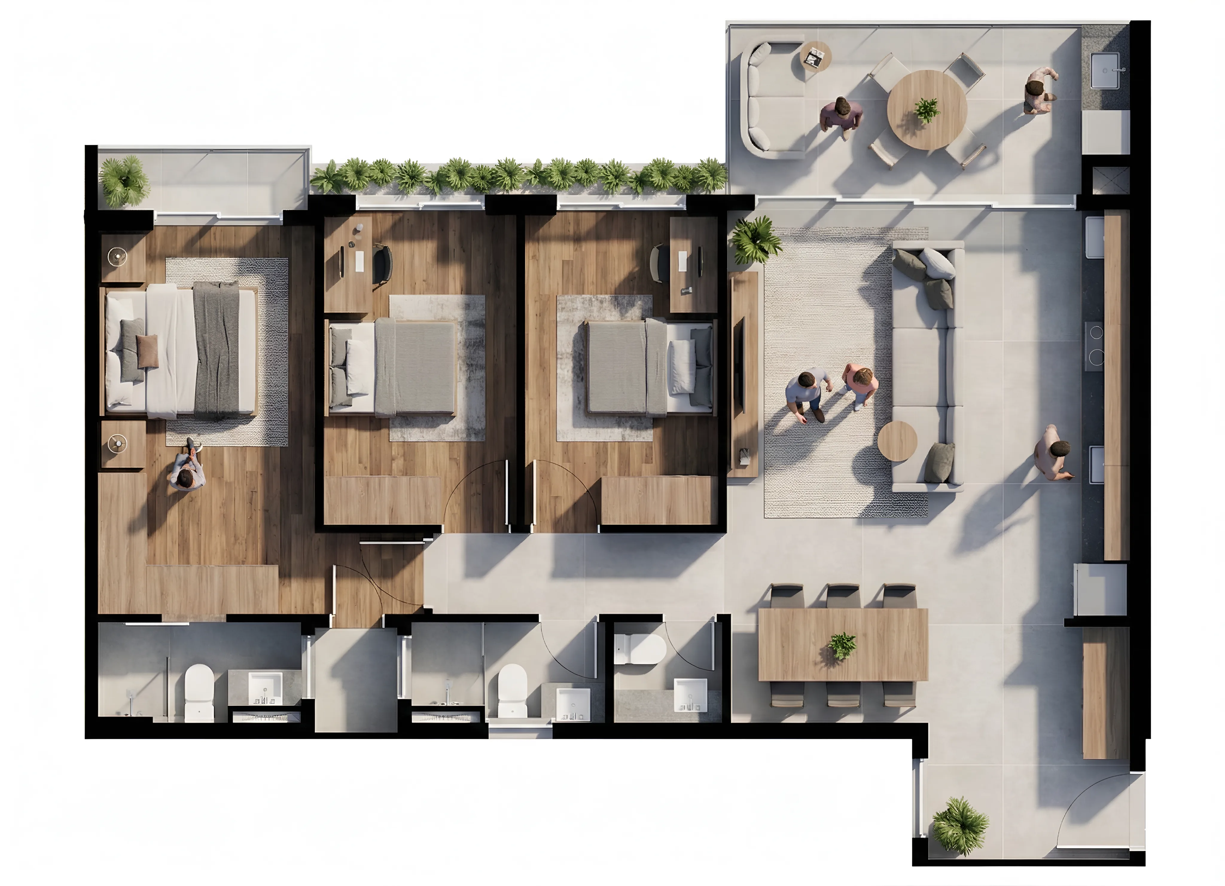 Planta humanizada dos finais 04 e 05 do Vista São Lourenço, 100,86 m² e 100,85 m² privativos, 3 quartos com 1 suíte