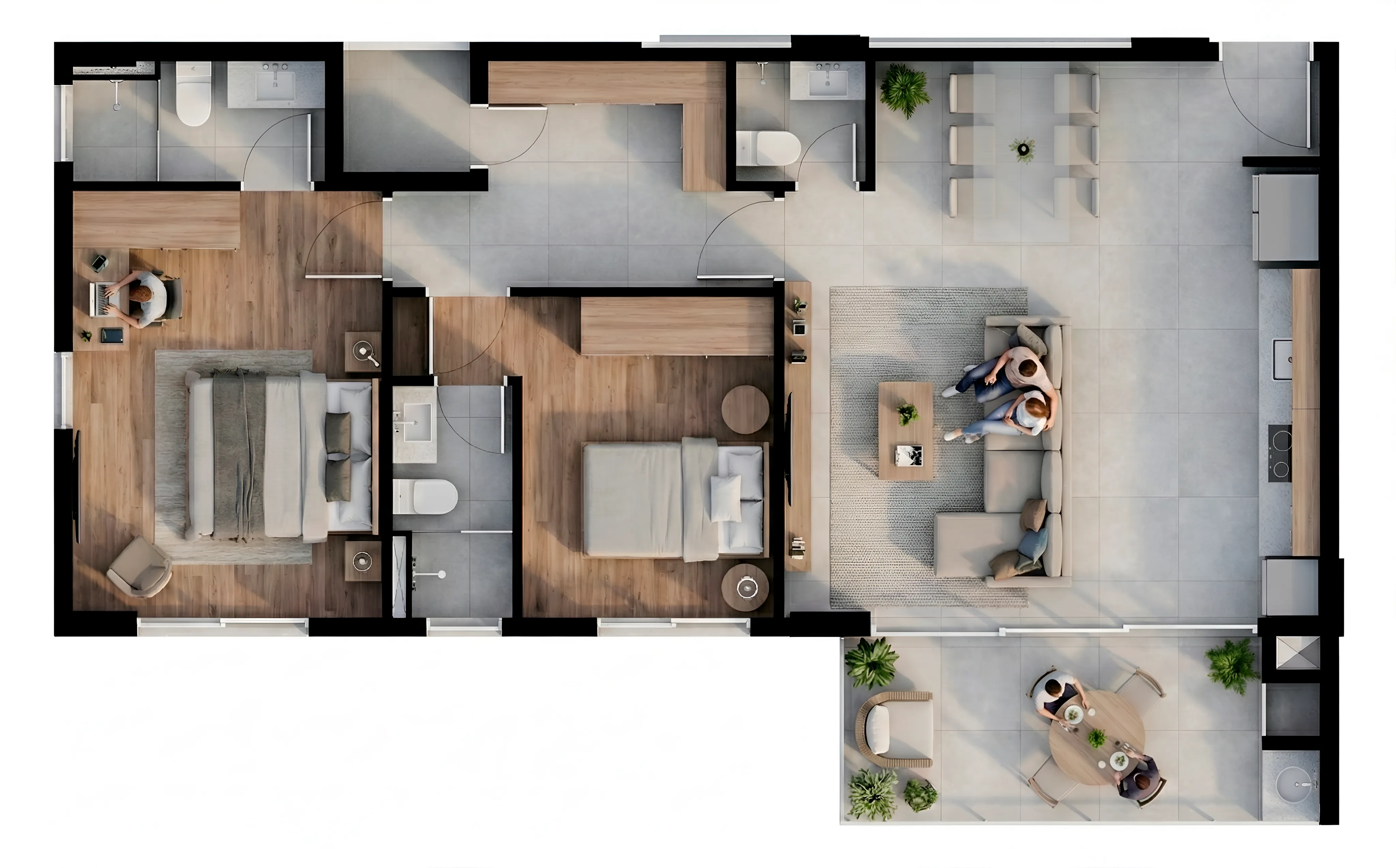 Planta humanizada do final 07 do Vista São Lourenço, 91,23 m² privativos, 2 quartos com 2 suítes